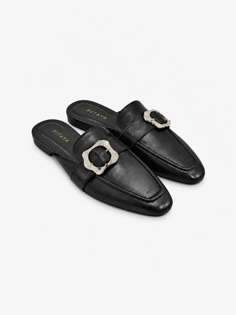 Amy Buckle Mules - Black