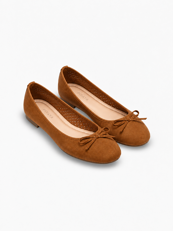 Dora Bow Ballerina - Faux Suede Camel