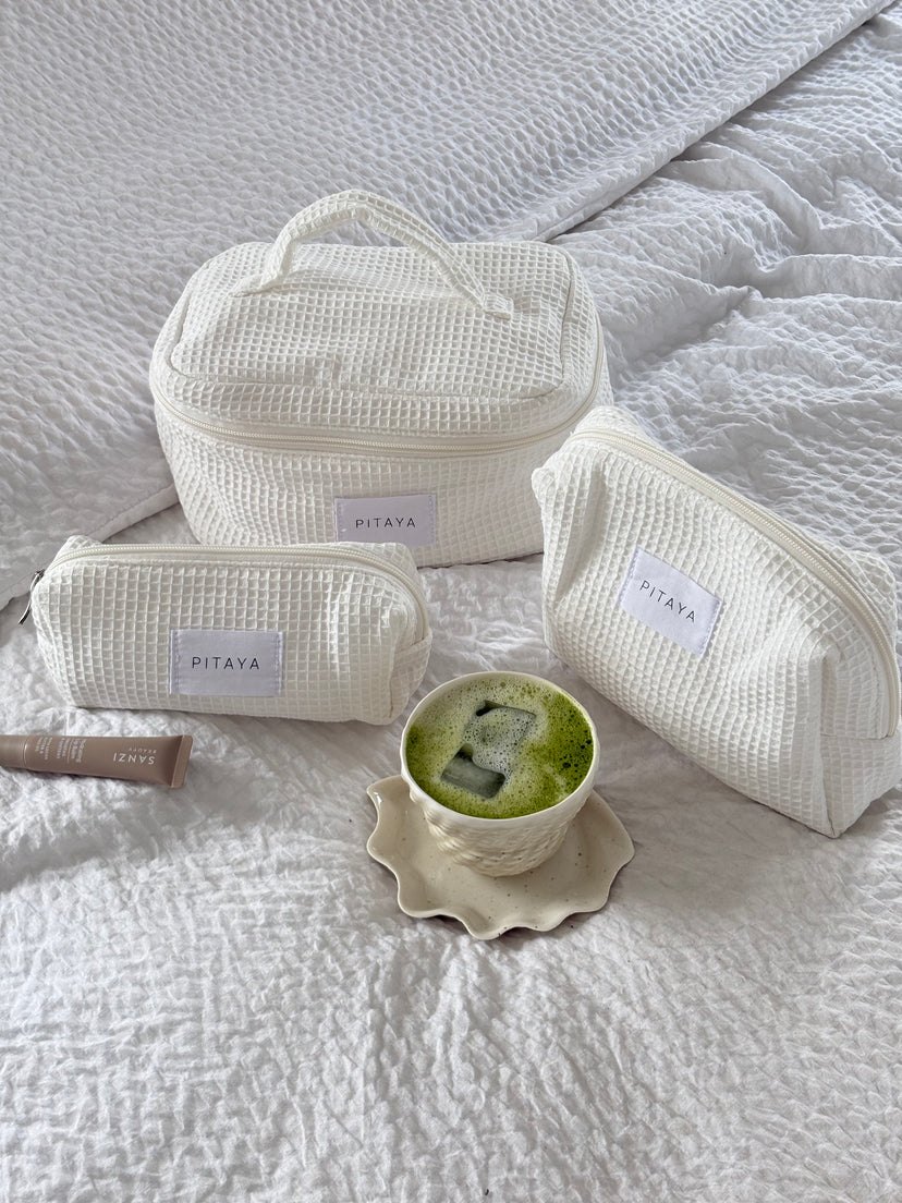 Medium Waffle Makeup Bag - White