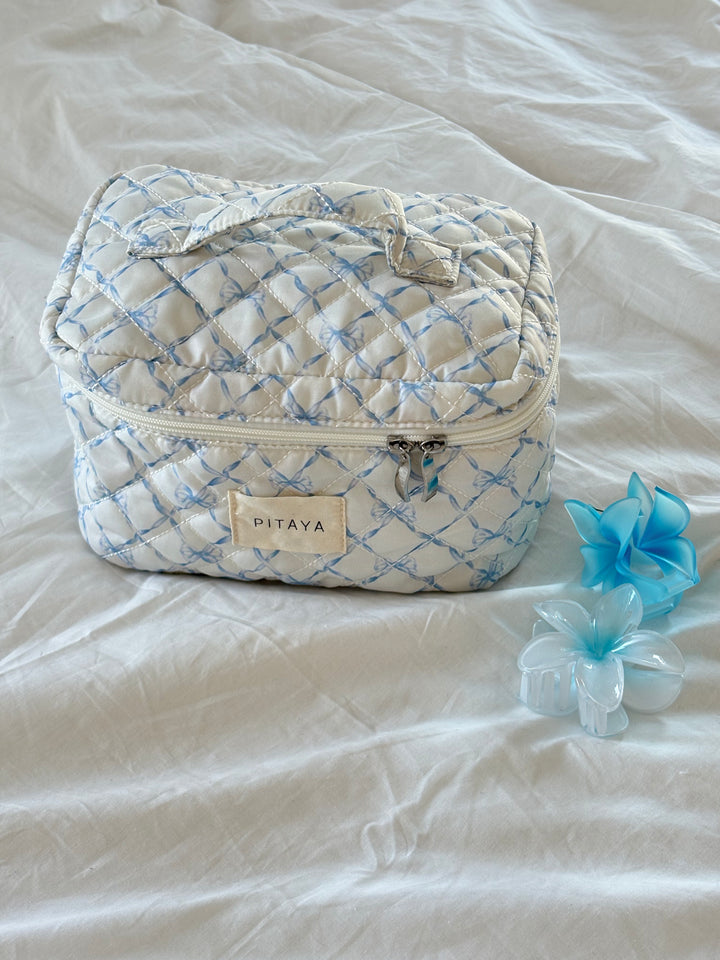 Large Makeup Bag - Blue Bow Check