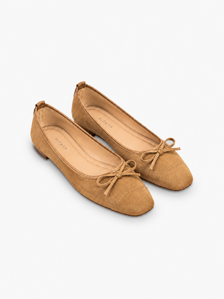 Irina Square Bow Ballerina - Faux Suede Caffe Latte