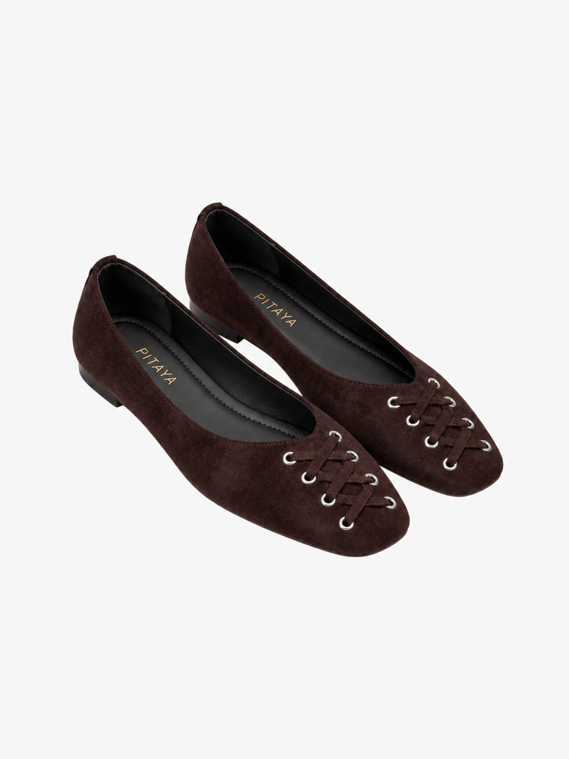 Kira Tie Ballerina - Faux Suede Dark Brown
