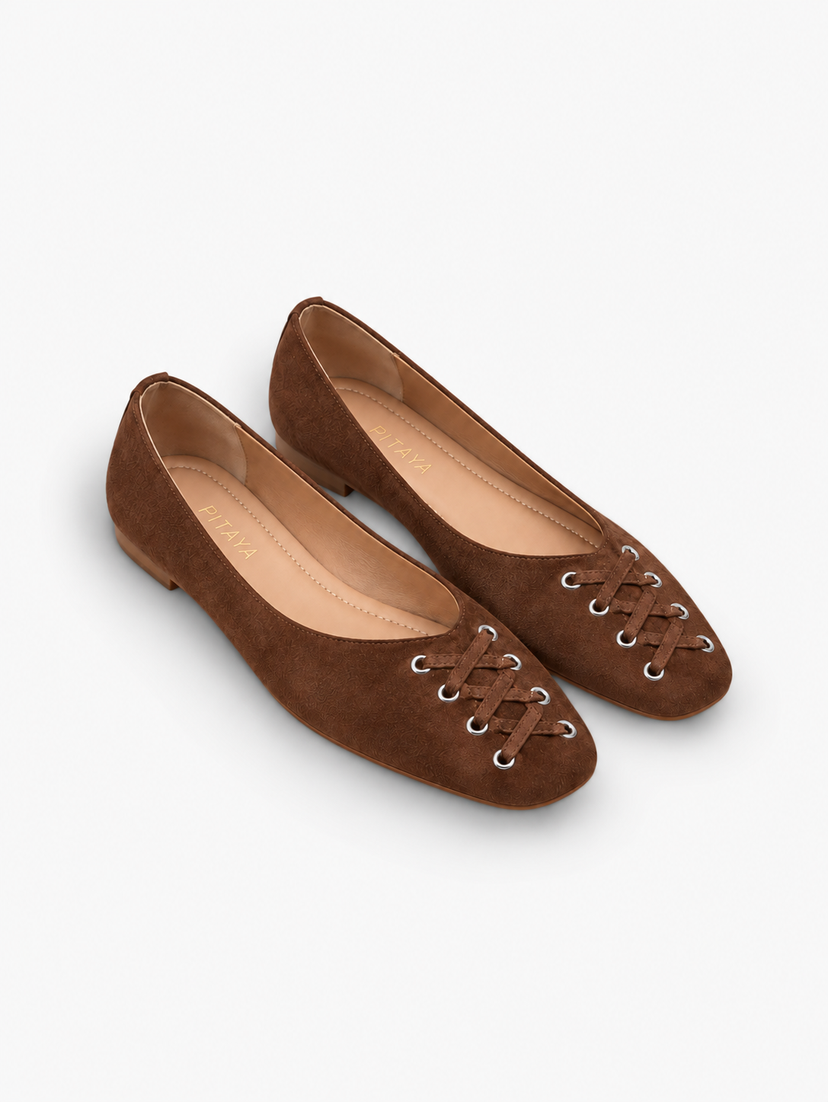 Kira Tie Ballerina - Faux Suede Cognac Brown